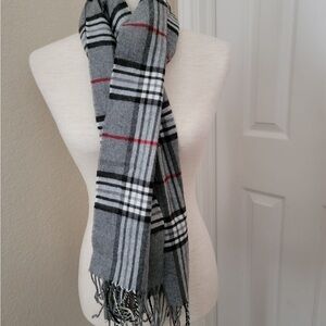 Preston & York Gray and Black Plaid Scarf with Red Accents and Fringe Detail